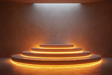 Obraz premium Illuminated circular platform with three tiers, set against a textured wall, creating a minimalist, modern display.