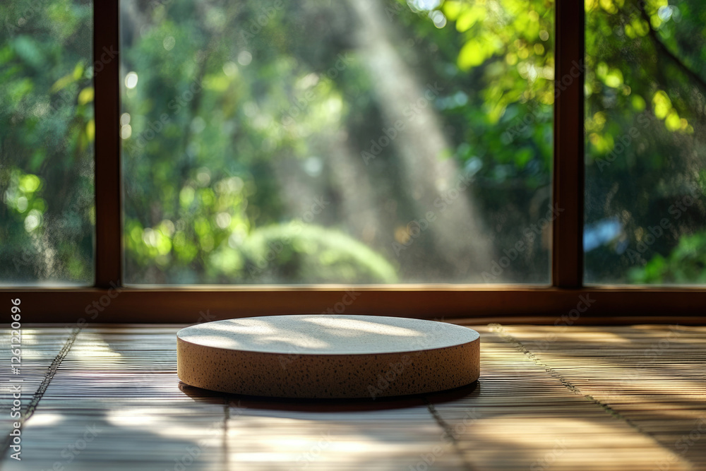 Poster Sunlit serene scene: A minimalist round platform rests on a tatami mat by a window overlooking a lush green garden.