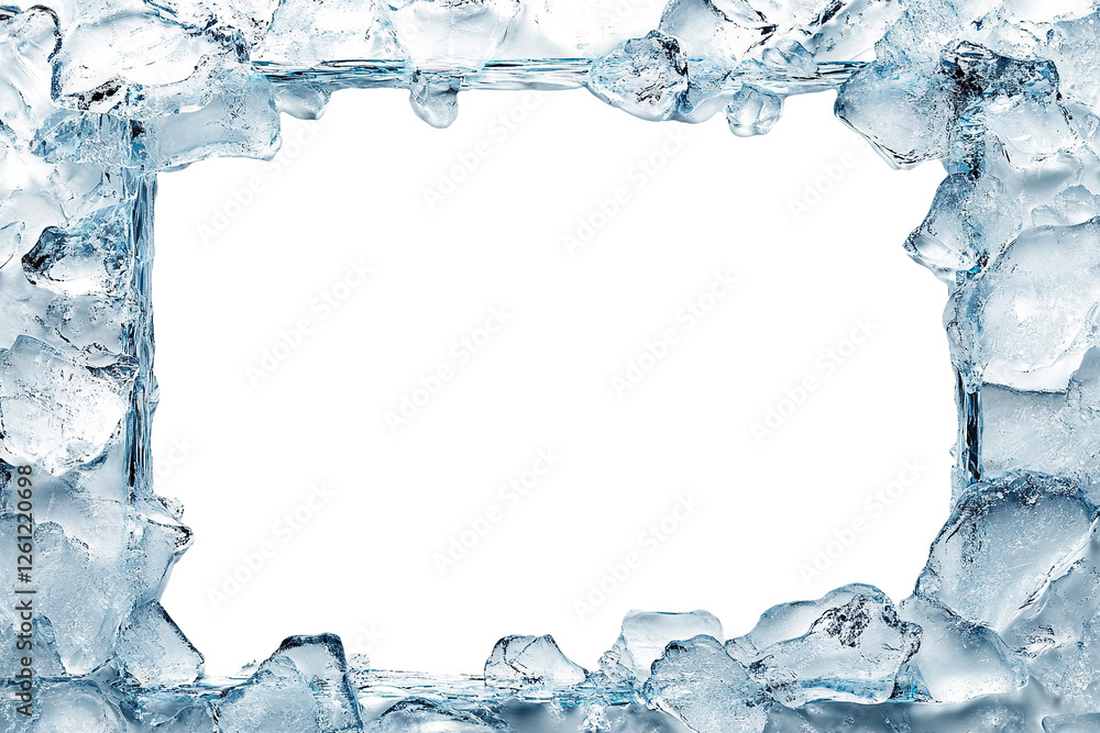 Poster ice frame with frosted edges and center space, isolated on transparent cutout background