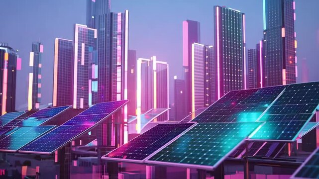 Solar panels in a vibrant city with illuminated skyscrapers, highlighting energy innovation in an urban setting