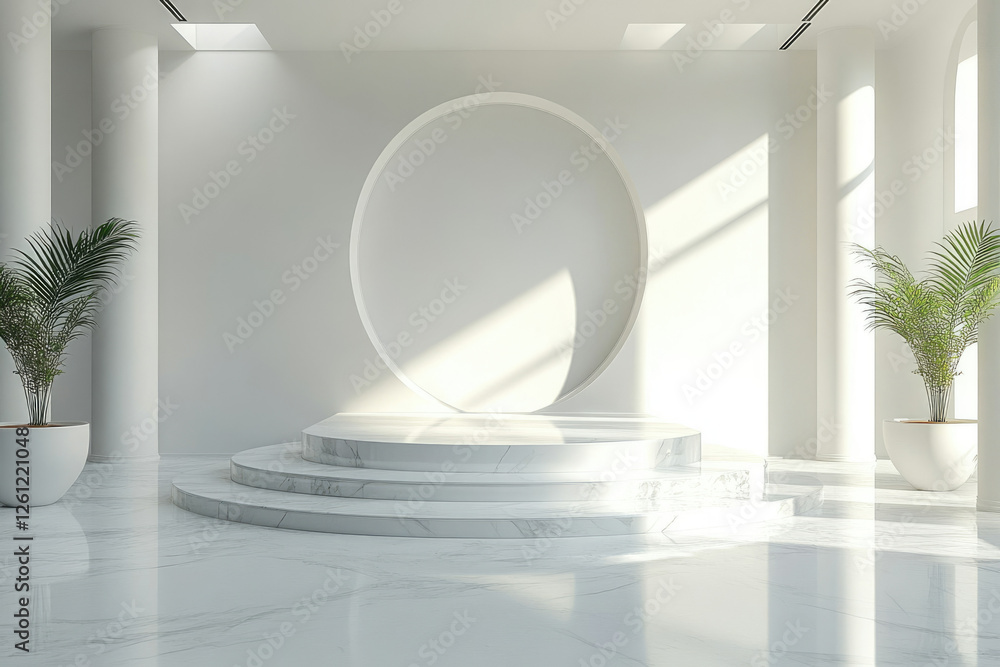Poster minimalist white marble podium with plants, bathed in sunlight, creating an elegant and serene displ