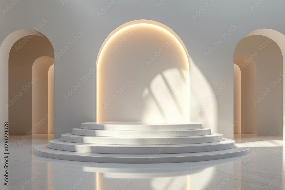 Poster minimalist white marble podium with arched recesses, bathed in soft sunlight, creating an elegant an