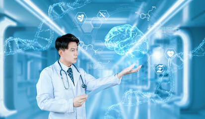 Doctor wearing VR glasses and lab coat holding at medical data while managing augmented reality technology and standing at hospital corridor with blurring background. Healthcare concept. Ingenuity.