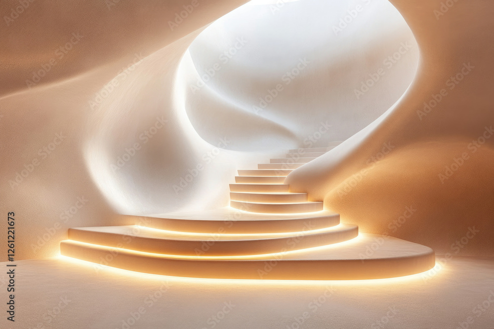 Poster a curved staircase with soft lighting in a minimalist, organic architectural space.
