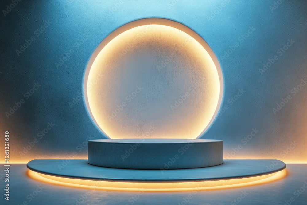Poster Minimalist product display with illuminated circular backdrop and podium, showcasing modern design.