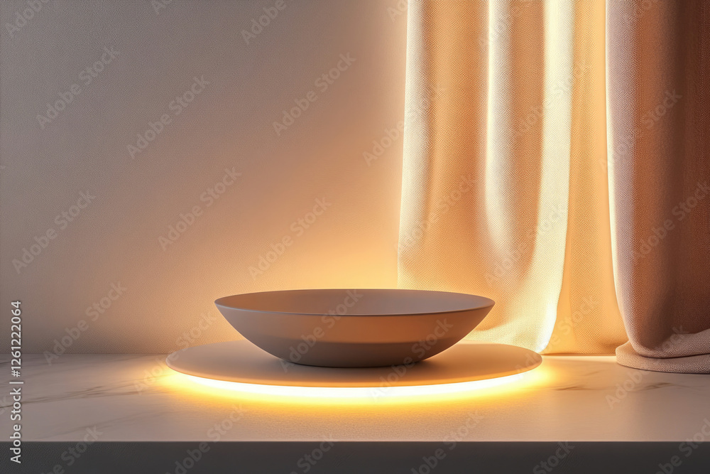 Poster a minimalist product display features a bowl on an illuminated platform, next to sheer curtains.