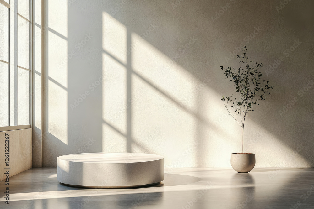 Poster Minimalist room with sunlight streaming through a window, illuminating a circular platform and potted plant.