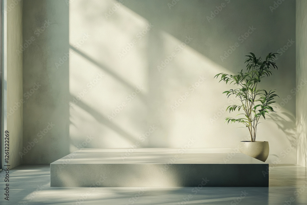 Poster minimalist interior design with a sunlit empty platform and a potted plant, creating a serene atmosp