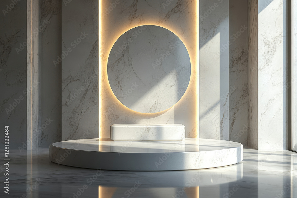 Poster minimalist white marble podium with illuminated circular backdrop, ideal for product display or bran
