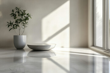Fototapeta premium Minimalist interior design featuring a plant in a pot and a low bowl on a polished marble floor, bathed in sunlight.