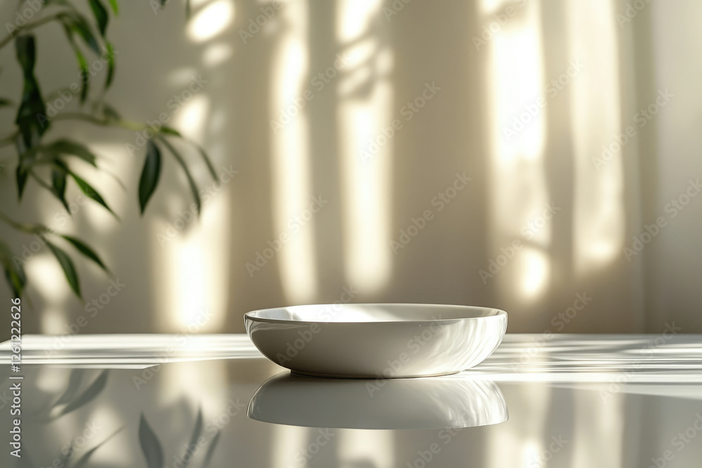 Poster empty white bowl sits on a table bathed in sunlight, casting soft shadows.