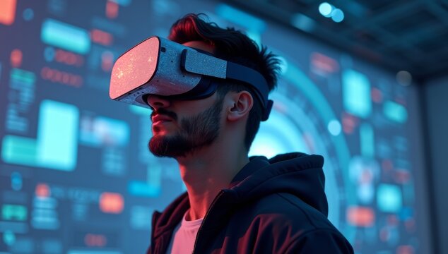Man wearing VR glasses virtual Global Internet connection metaverse with a new experience in metaverse virtual world. Metaverse technology concept Innovation of futuristic