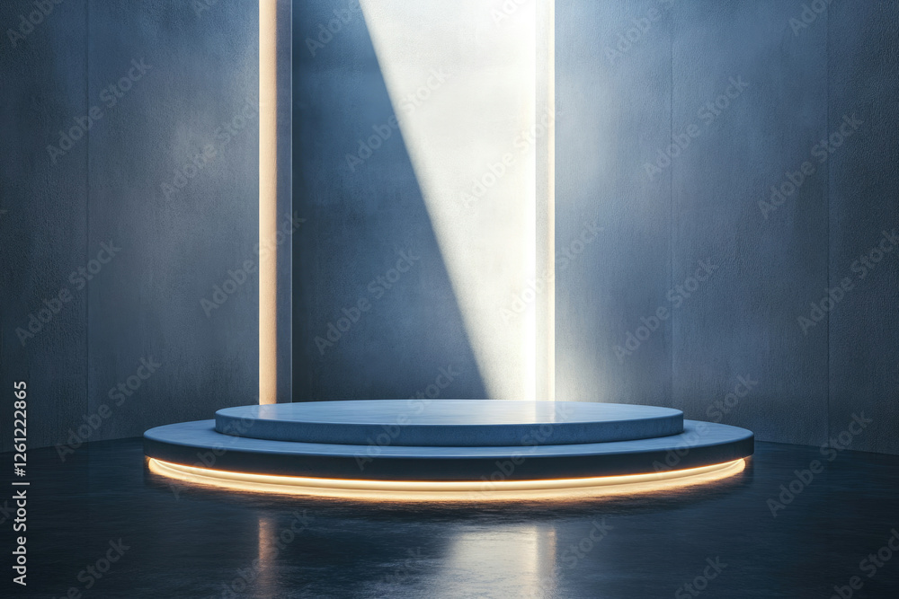 Poster a minimalist circular podium with subtle lighting in a modern concrete setting.