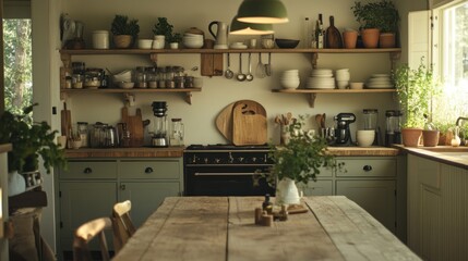Rustic Kitchen With Wooden Shelving And Green Cabinets