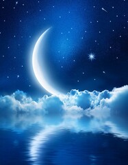 A breathtaking night sky featuring a glowing crescent moon and soft clouds, radiating peace and tranquility. The deep blue hues and stars create a dreamy atmosphere, symbolizing deep sleep and relax