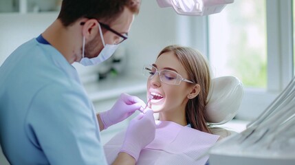 Obraz premium In a bright and inviting dental clinic, a skilled dentist carefully examines a patient's teeth while providing a comforting atmosphere