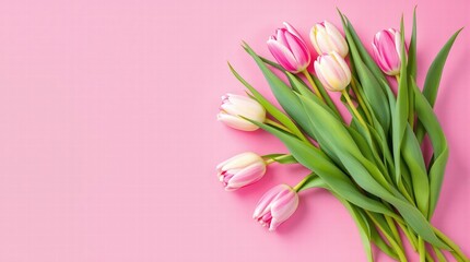 Obraz premium flat lay of pink and white tulips on a pink background, copy space on the left