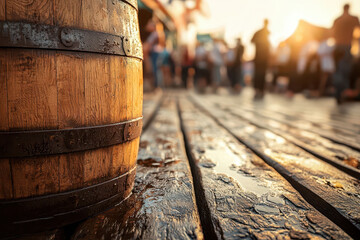 Naklejka premium wooden barrel on wet wooden deck with blurred people in background