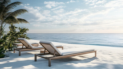 Luxury beach resort, beach loungers near the sea with white sand over sea Topical island background, summer vacation concept, holiday and tourism design. Exotic landscape, inspirational leisure banner