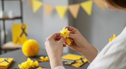 Person crafting yellow flower, symbolizing cancer awareness, with banners in background
