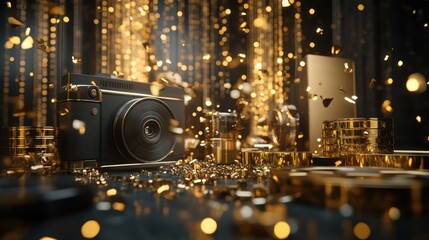 Obraz premium Luxurious camera on a golden stage with celebration background