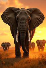 Obraz premium A majestic African elephant standing in the golden savanna at sunset, dust swirling around its feet, with a herd in the background, showcasing the beauty and power of wildlife in its natural habitat.