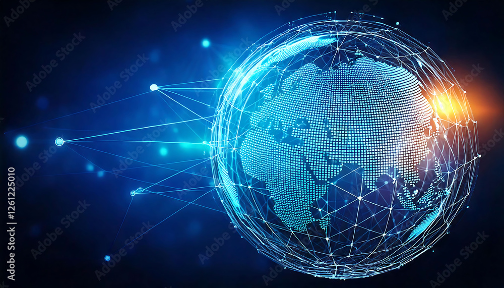 Poster stunning digital rendering of a glowing earth encased in a network of interconnected lines.