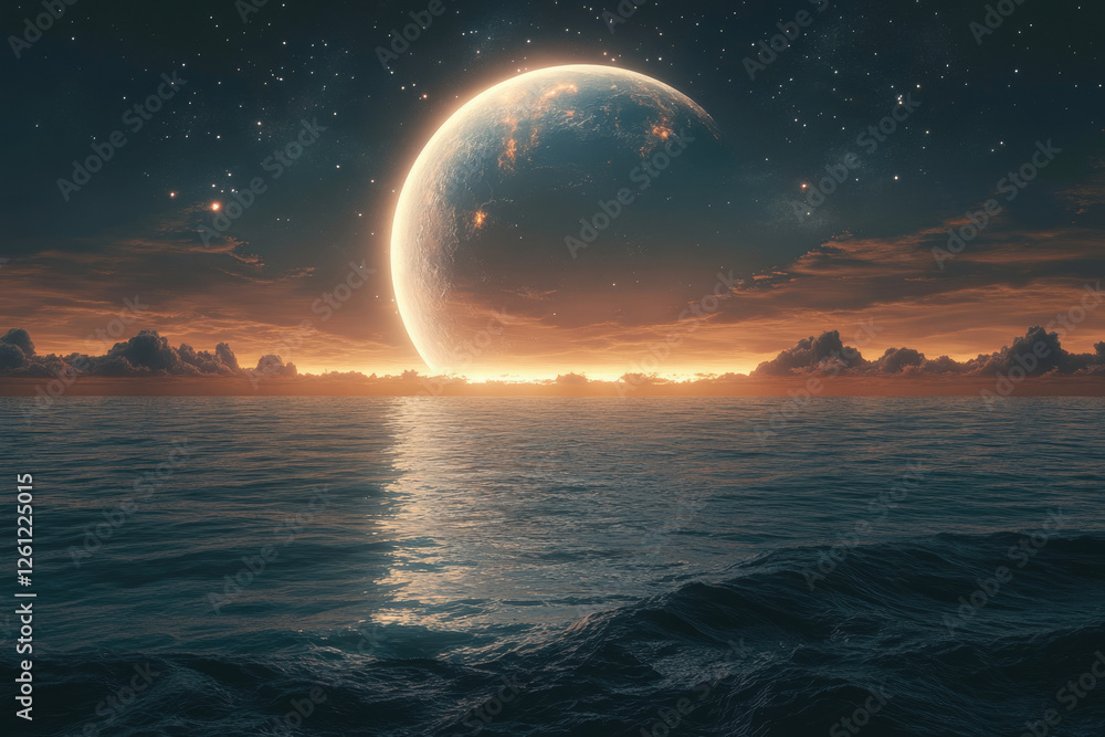 Poster a giant moon sets over a calm ocean under a starry night sky, creating a serene and otherworldly sce