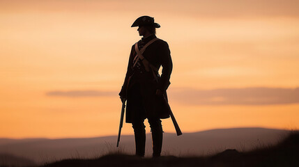 lone Minuteman stands silhouetted against vibrant sunset sky