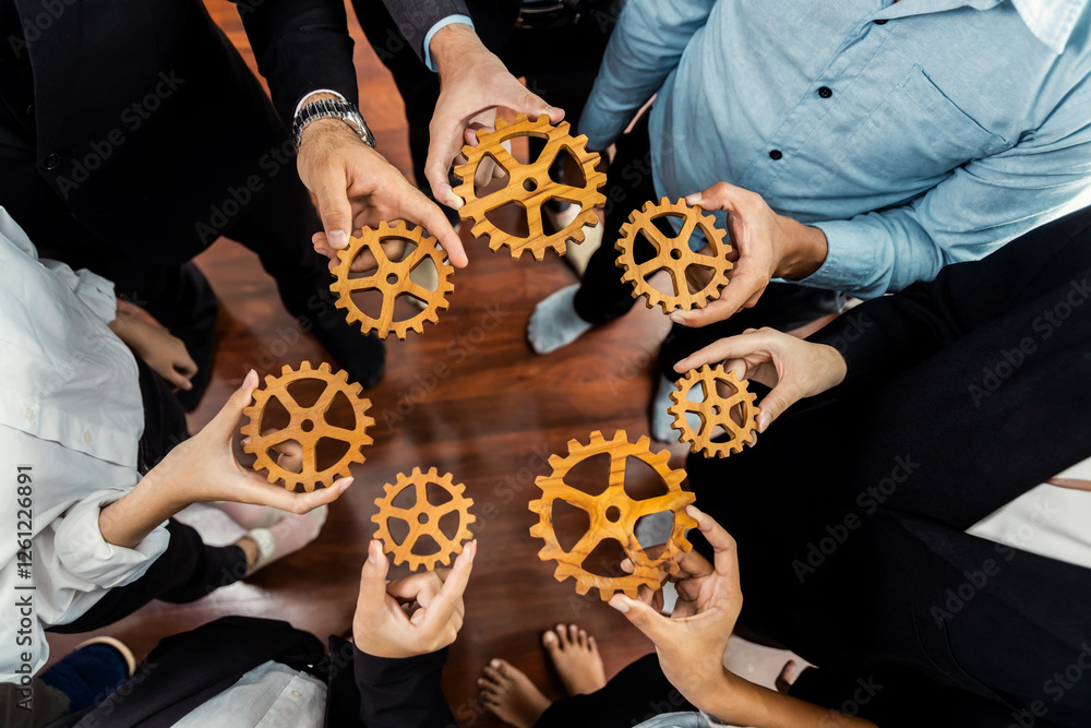 Poster group of multiracial business people joining gear wheels together as effective unity and productive 