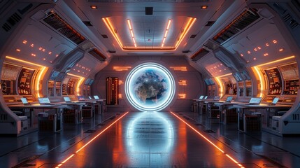 Fototapeta premium Futuristic spaceship interior with Earth view.