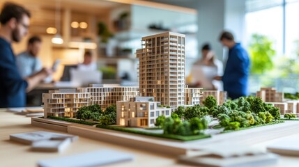 Architects reviewing urban model in modern office