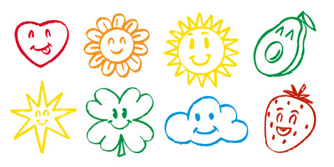 Cartoon kawaii fruits flowers and cloud with faces. Sun grunge expressions emoji with different emotions. Cute avocado and clover hand drawn brushstroke