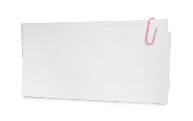 Blank paper sheet attached with clip isolated on white, top view