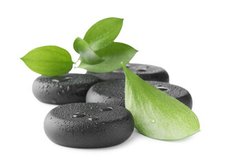 Wet spa stones and green leaves isolated on white