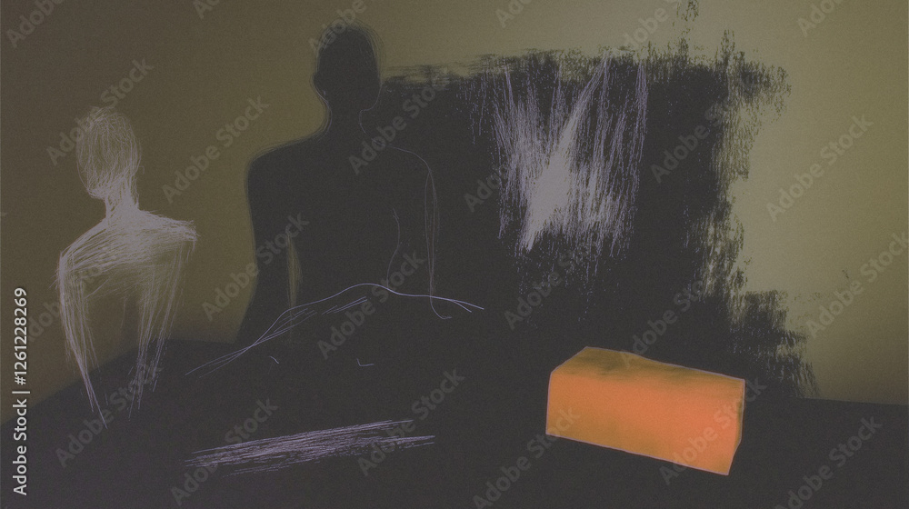 Poster abstract art with figures and illuminated shape on dark background