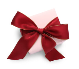 Gift box with red bow isolated on white, top view