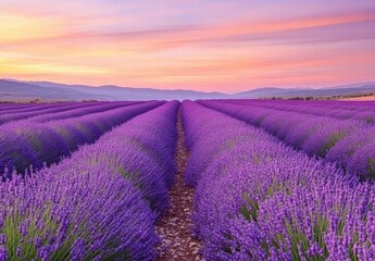 Fototapeta premium A field of lavender flowers with a beautiful sunset in the background