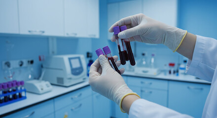 Obraz premium Medical Lab Technician Hands in Medical Gloves Handling Blood Samples in a Clinical Laboratory Blue background