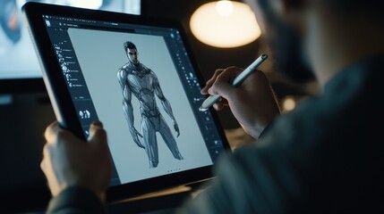 Fototapeta premium Digital artist creating sci-fi character design on a tablet display
