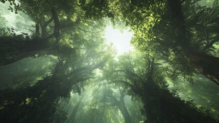 Fototapeta premium Looking Up In Beautiful Pine Deciduous Forest Trees Woods Canopy. Bottom View Wide Angle Background. Greenwood Forest. Trunks And Branches With Fresh Spring Lush.