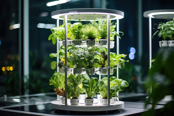 Innovative indoor vertical garden displaying various herbs and greens with bright LED lighting in a modern greenhouse setting