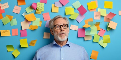 Elderly man with glasses looks surprised as colorful sticky notes float around, creating a chaotic workspace, emphasizing stress and multitasking.