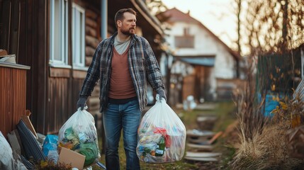 Under soft evening light, a Caucasian man throws away two bags of plastic waste while walking along a tidy path. His determined expression reflects his commitment to eco-friendly practices