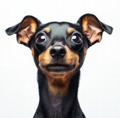 A small black and brown dog with brown eyes is looking at the camera