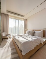 A modern minimalist bedroom with a perfectly made bed, white bedding, and soft natural light filtering through curtains. The simplicity and clean design evoke a sense of calm, rest, and a good night’s