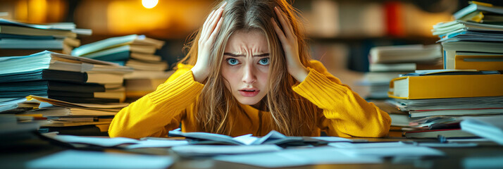 Young woman in yellow sweater sitting among piles of books, holding head in stress, exam preparation overload, academic exhaustion, study burnout, library environment.