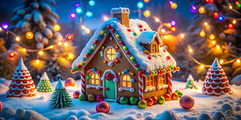 Fototapeta premium A gingerbread house adorned with bright candies and icing stands in a snowy landscape, illuminated by vibrant holiday lights. Pine trees create a magical winter scene