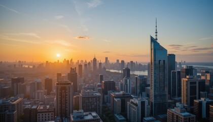 Fototapeta premium Sunrise over cityscape skyline aerial view