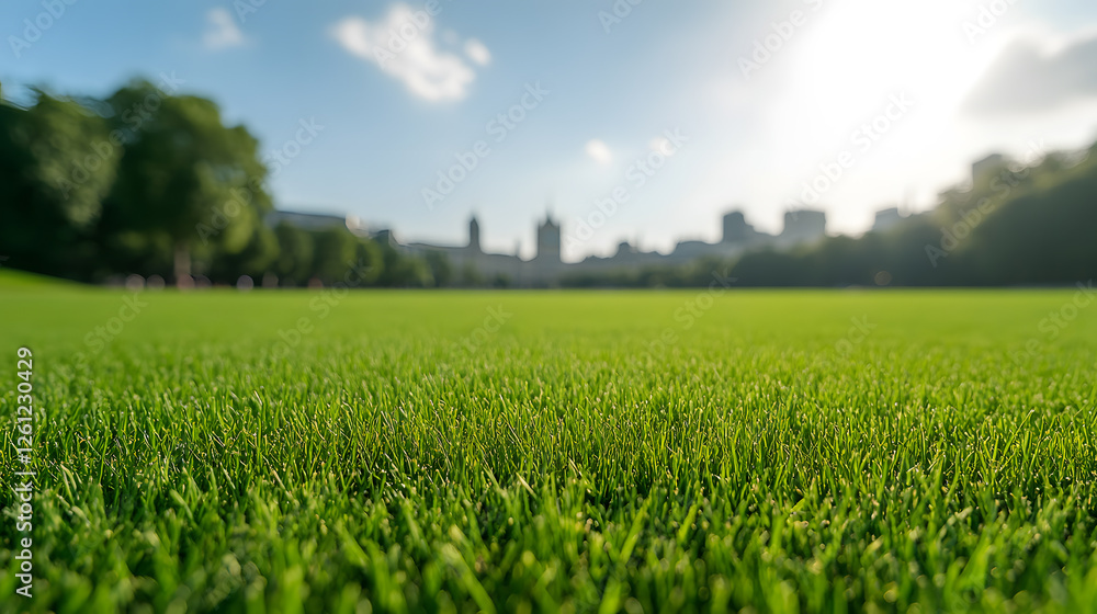 Poster lush green field stretches to the horizon under a bright sky, with distant structures adding depth t